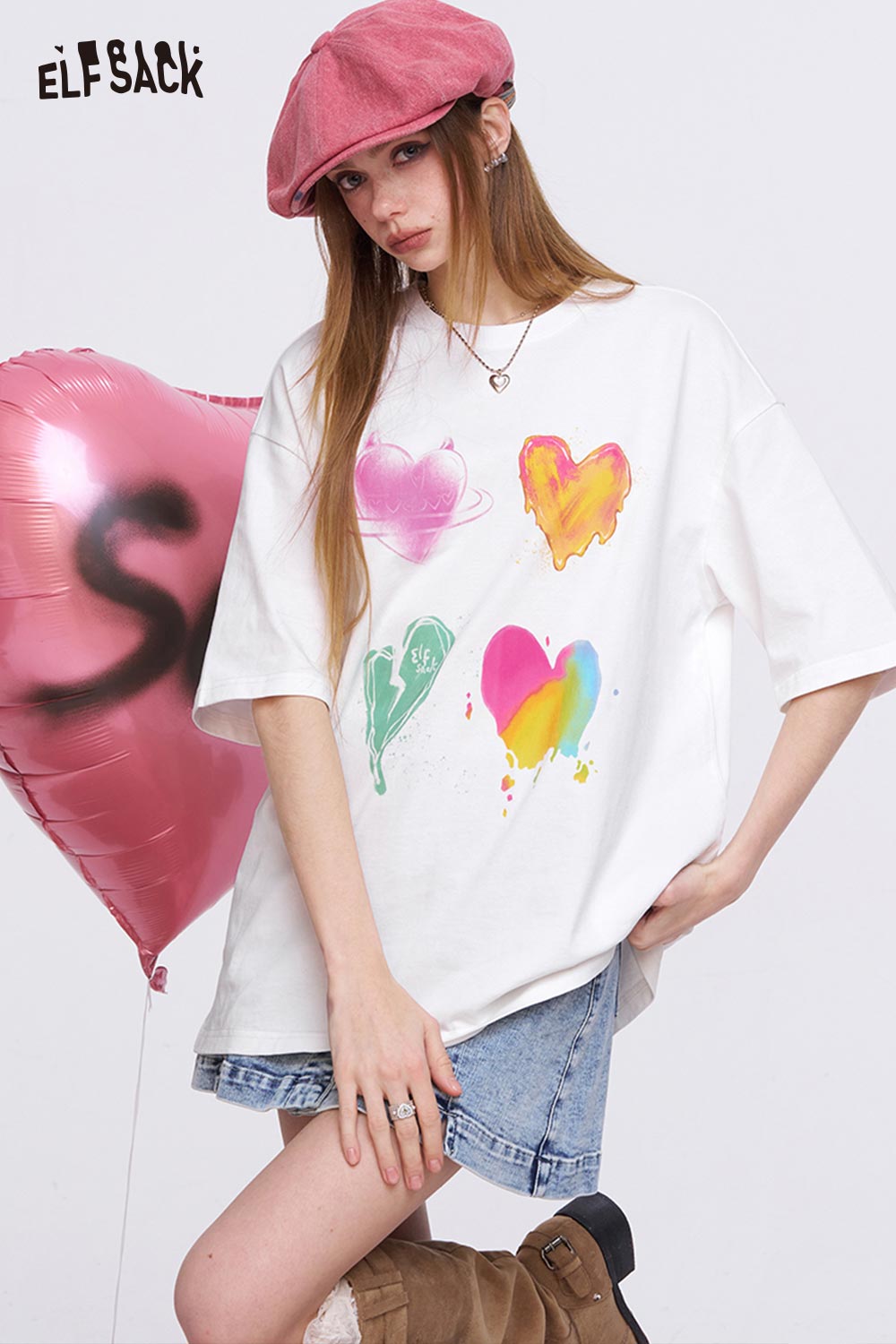 ELFSACK Oversized T Shirt with Colorful Heart Graffiti