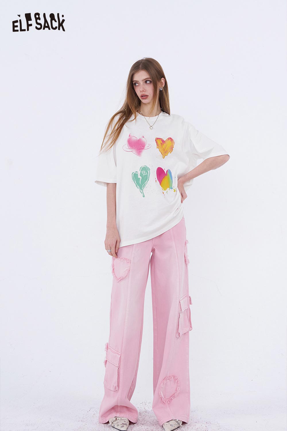 ELFSACK Oversized T Shirt with Colorful Heart Graffiti