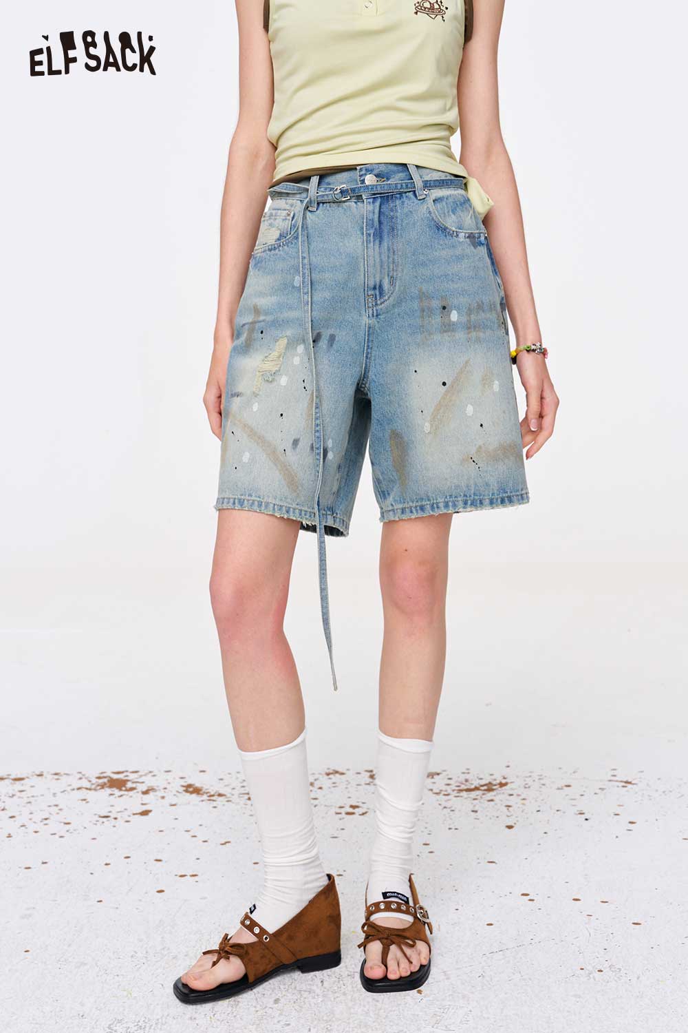 ELFSACK Paint Splatter Washed Denim Shorts