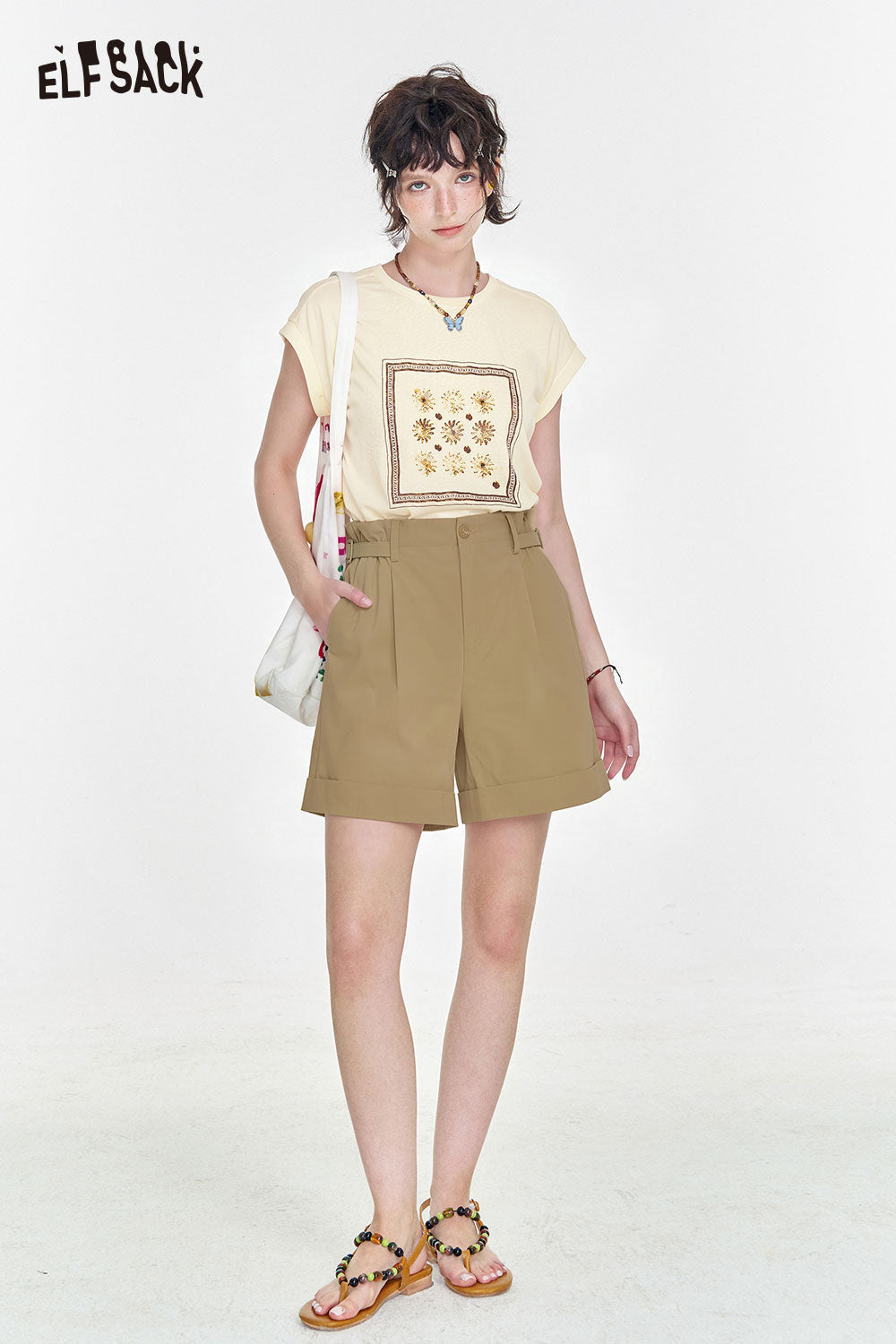 ELFSACK Paperbag Waist Buckle Detail Wide Leg Shorts