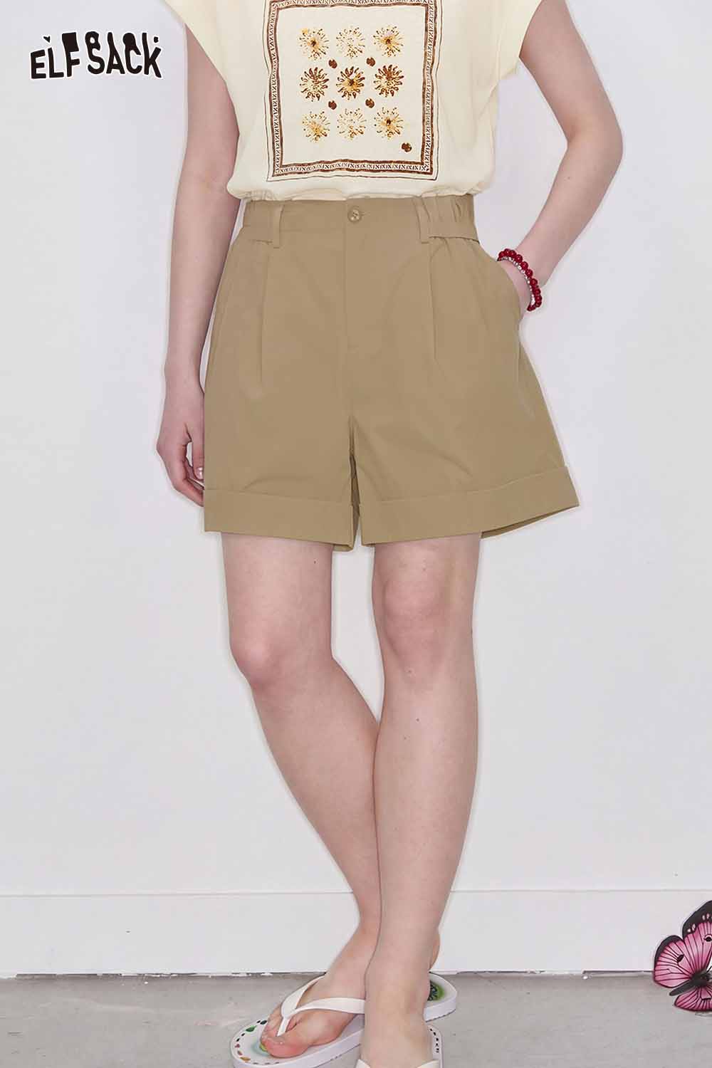 ELFSACK Paperbag Waist Buckle Detail Wide Leg Shorts