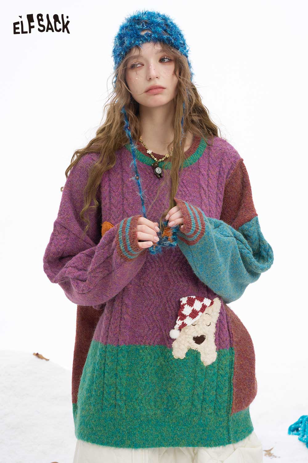 ELFSACK Soft Patchwork Animal Letter Graphic Stripe Cuff Round Neck Sweater