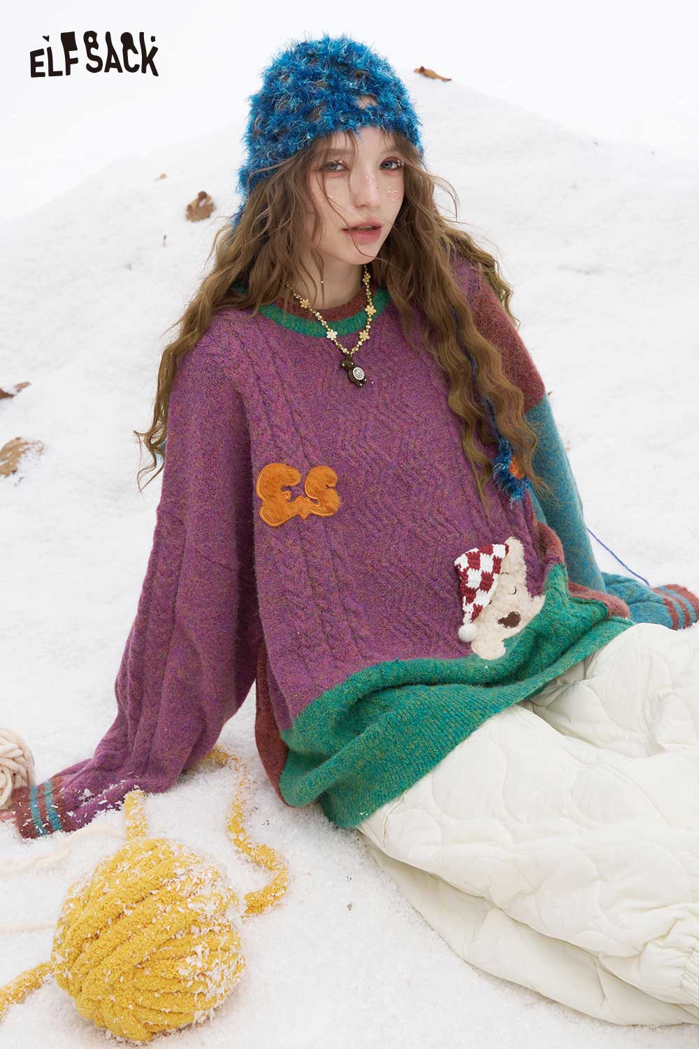 ELFSACK Soft Patchwork Animal Letter Graphic Stripe Cuff Round Neck Sweater
