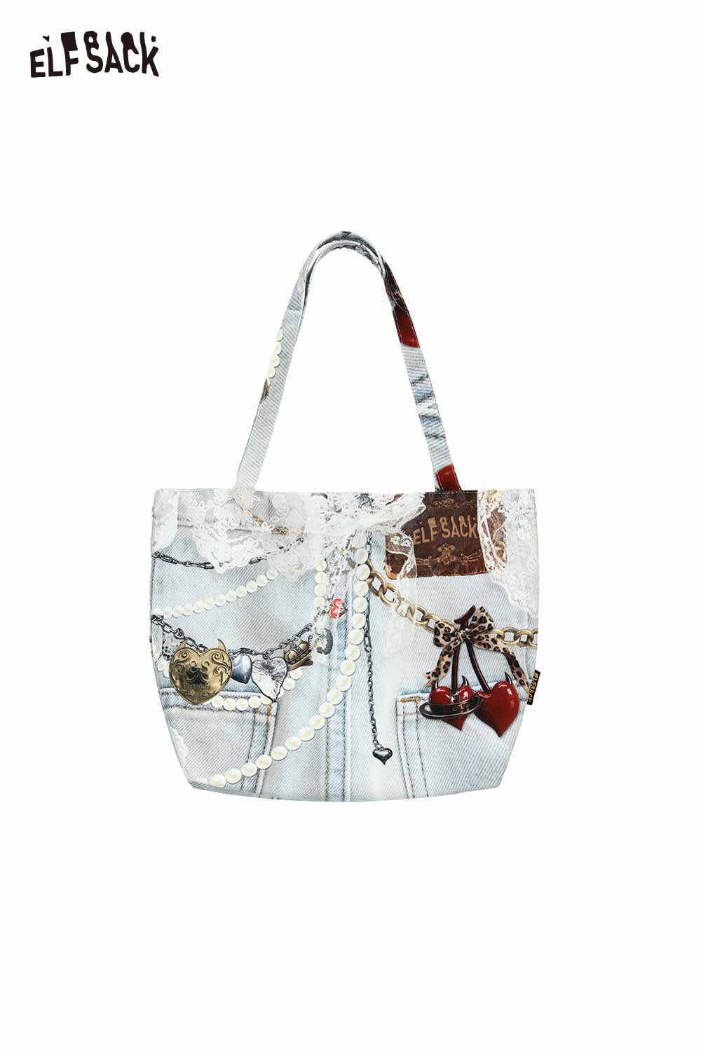ELFSACK Patchwork Cat Lace Decor Canvas Tote