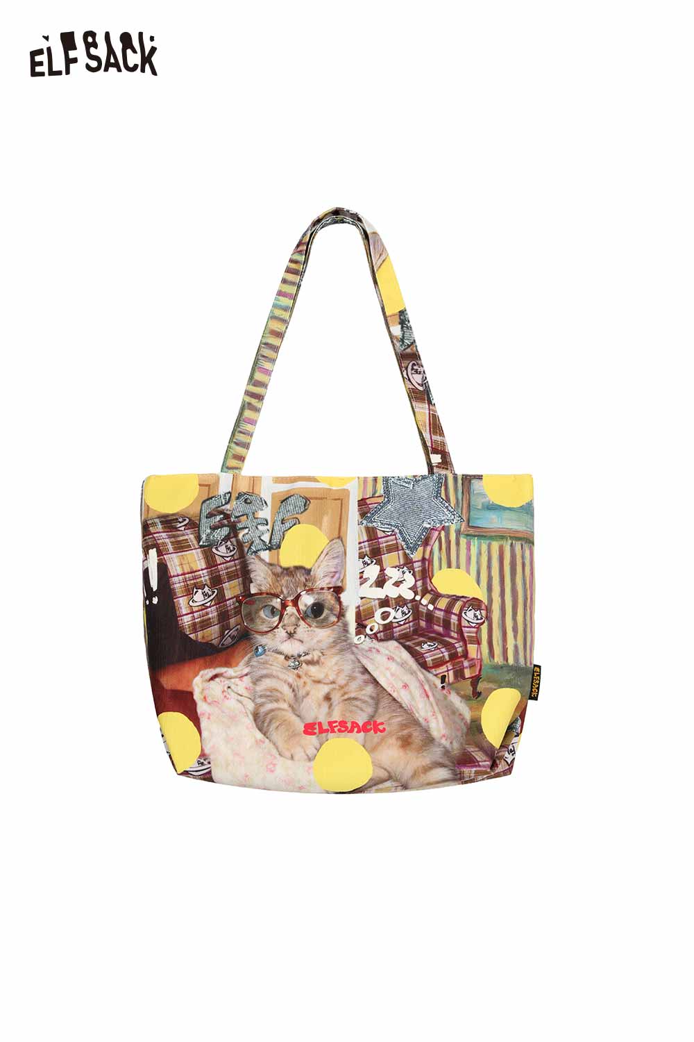 ELFSACK Patchwork Cat Lace Decor Canvas Tote