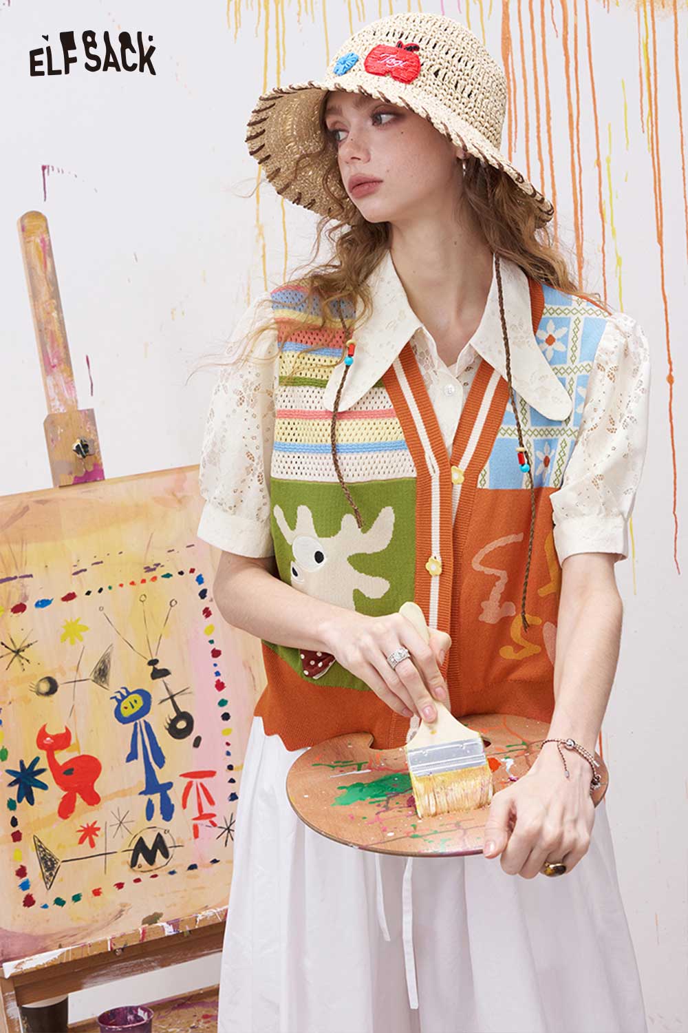 ELFSACK Patchwork Deer Applique Fake Two-Piece Top