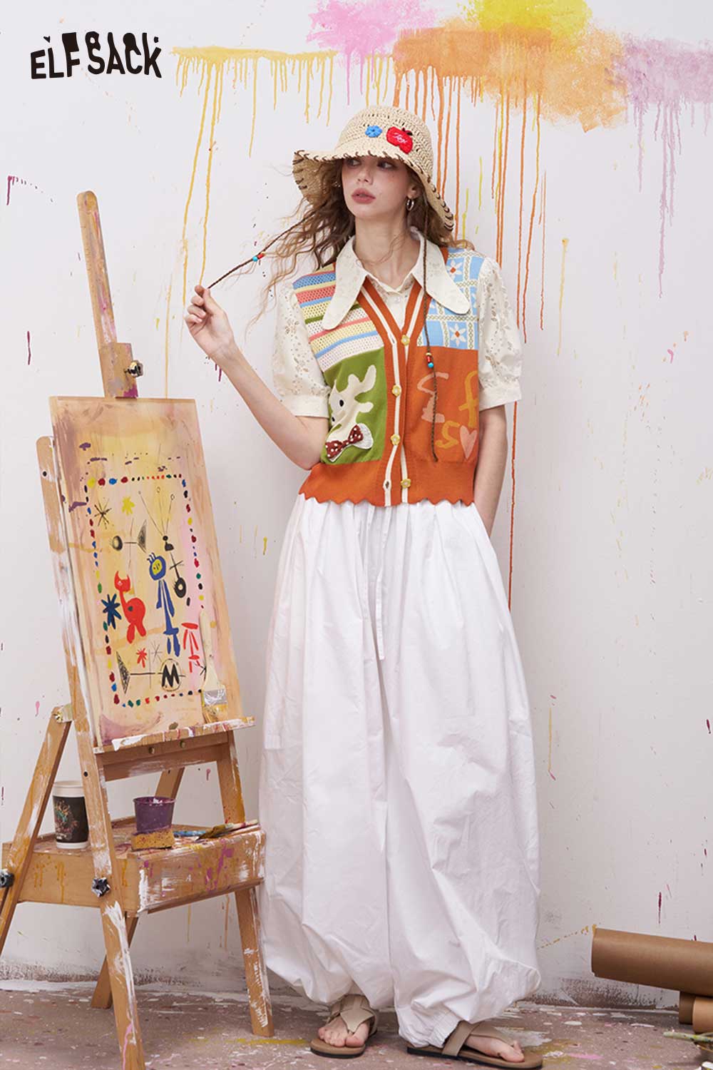 ELFSACK Patchwork Deer Applique Fake Two-Piece Top