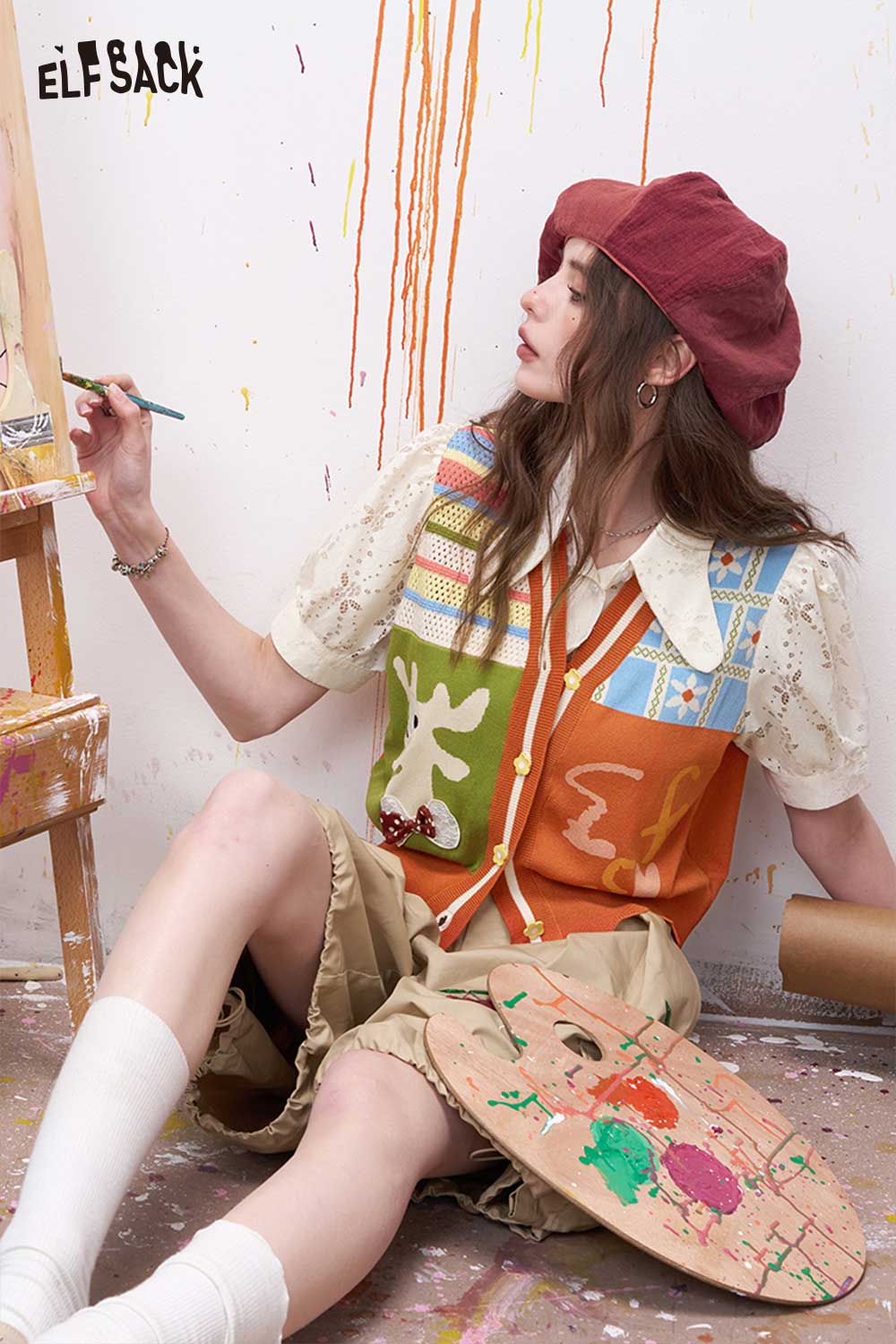 ELFSACK Patchwork Deer Applique Fake Two-Piece Top