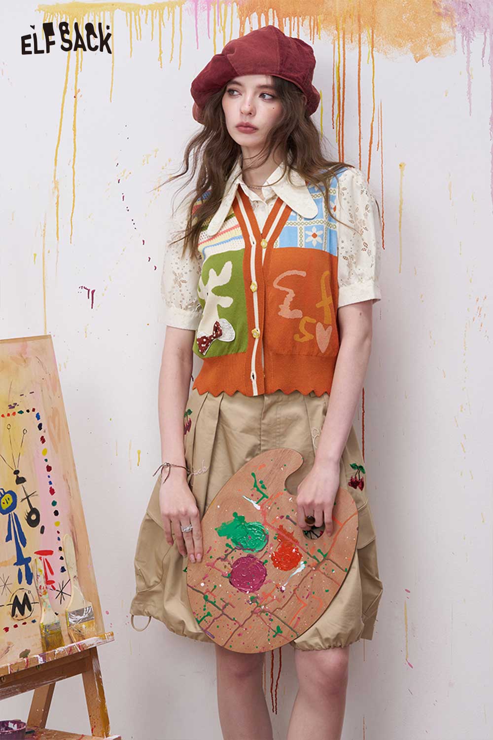 ELFSACK Patchwork Deer Applique Fake Two-Piece Top