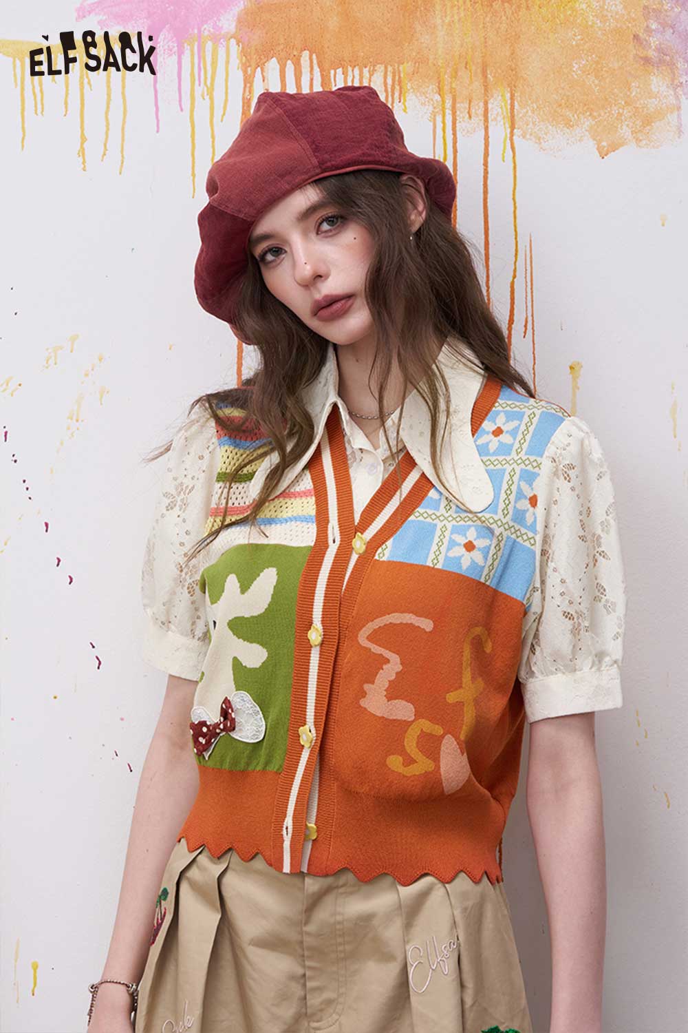 ELFSACK Patchwork Deer Applique Fake Two-Piece Top