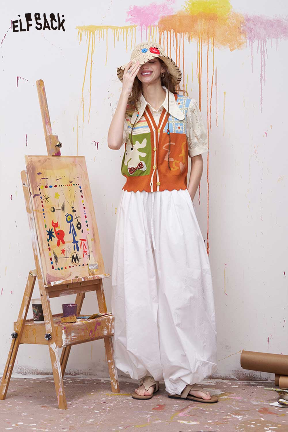 ELFSACK Patchwork Deer Applique Fake Two-Piece Top