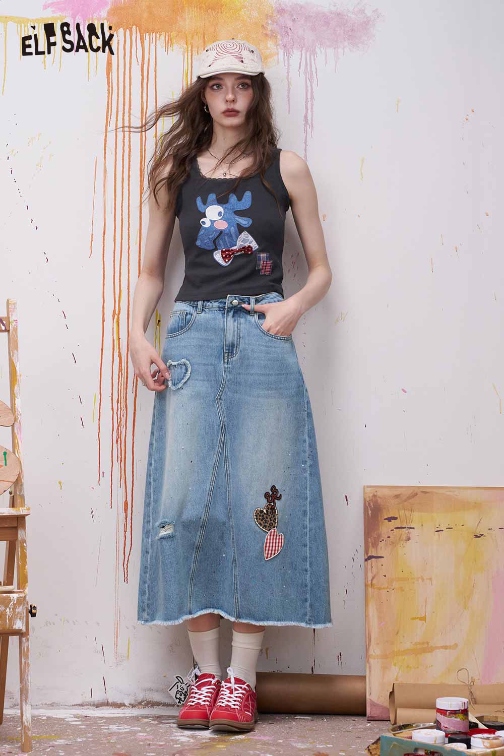 ELFSACK Patchwork Denim Washed A Line Midi Skirt