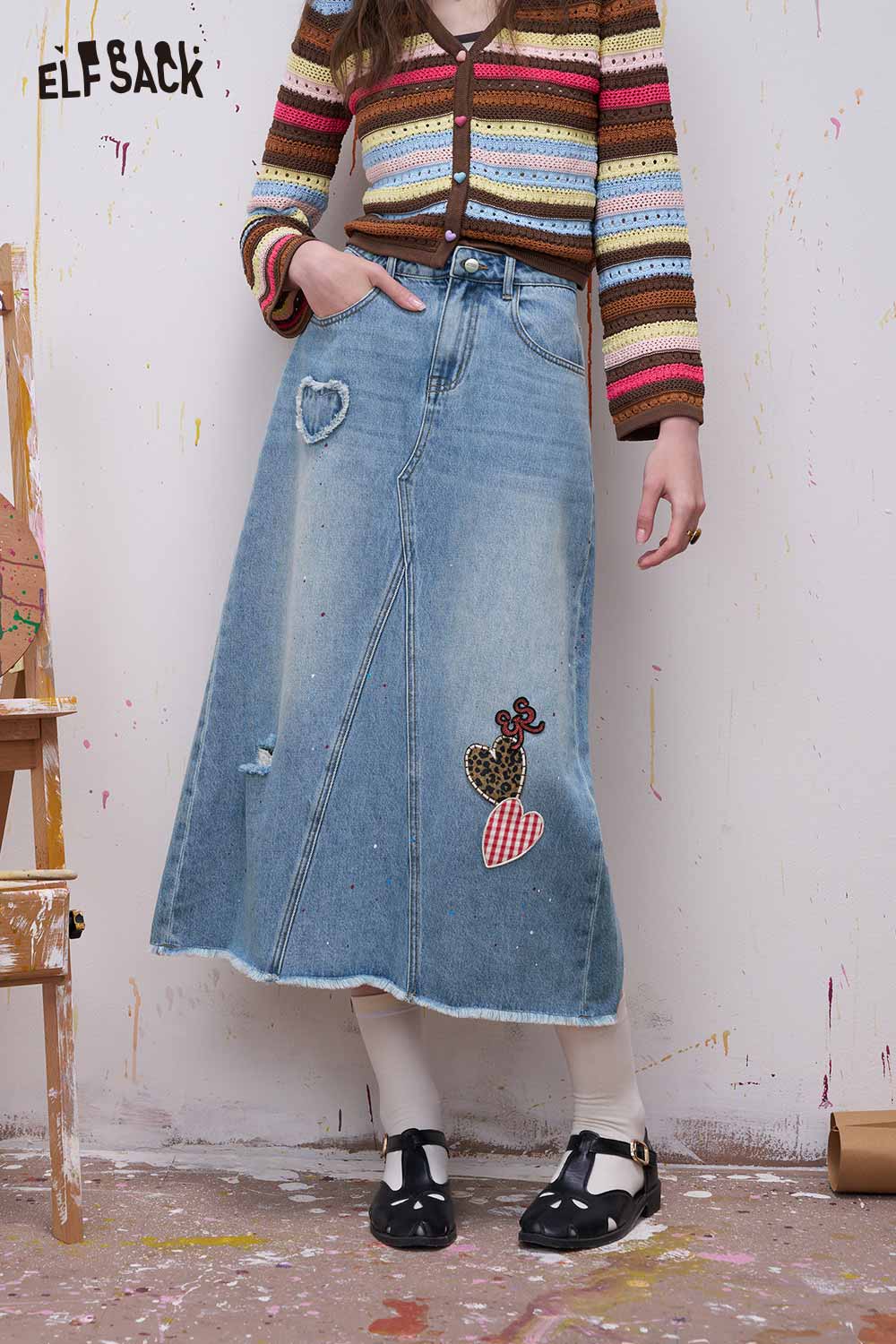 ELFSACK Patchwork Denim Washed A Line Midi Skirt