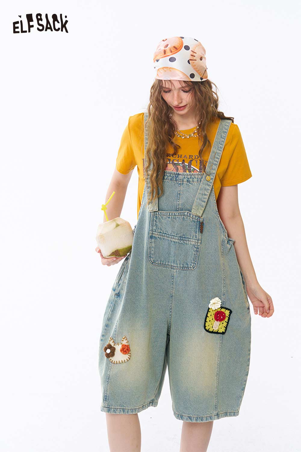 ELFSACK Patchwork Distressed Denim Short Overalls
