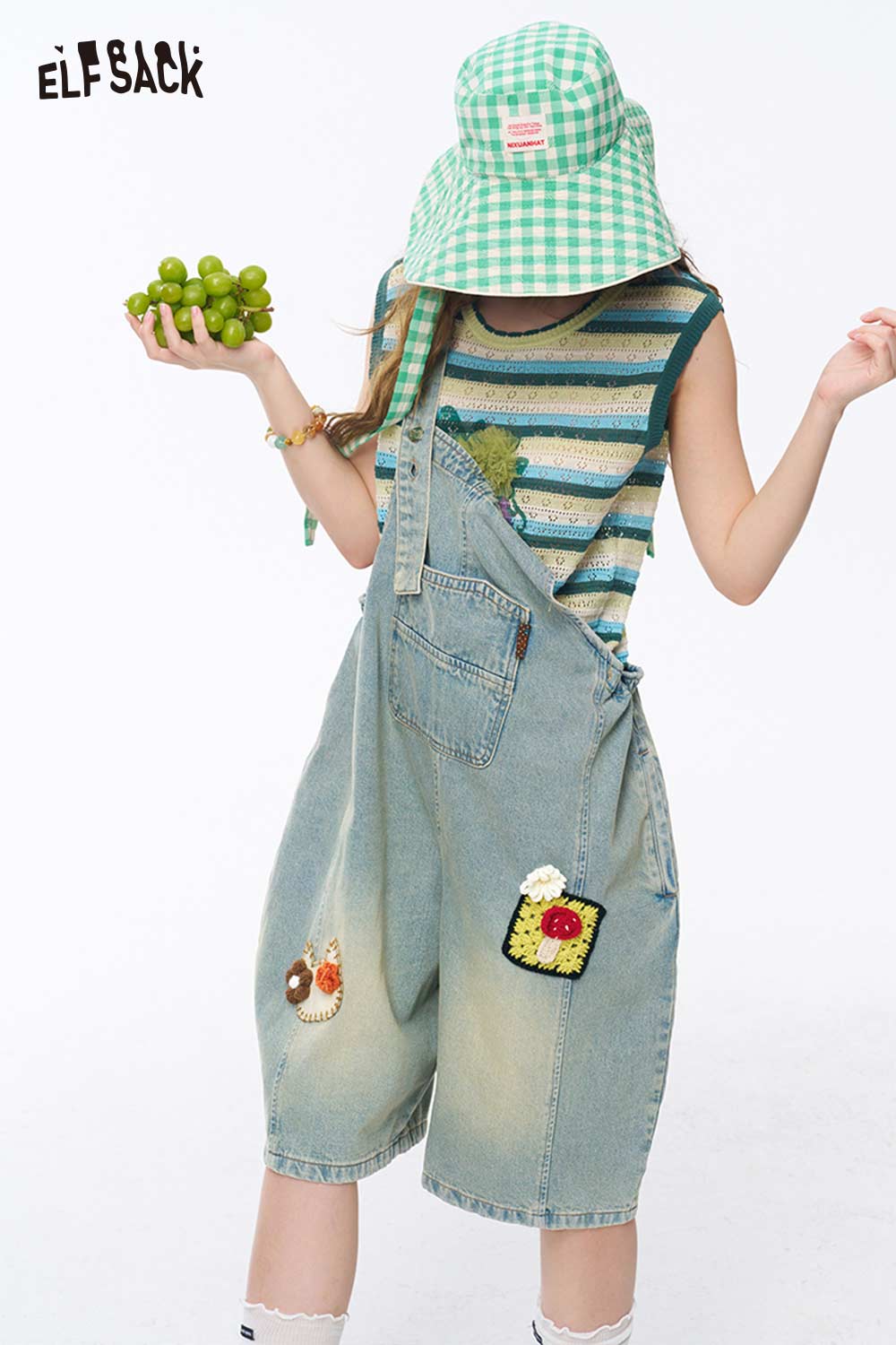 ELFSACK Patchwork Distressed Denim Short Overalls