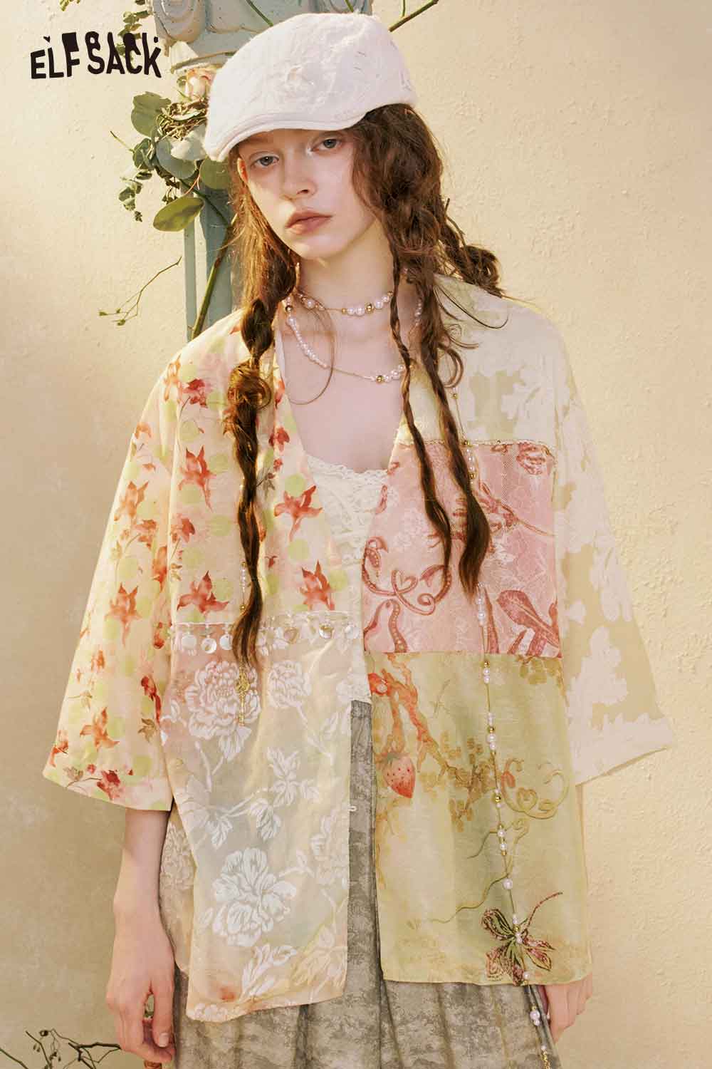 ELFSACK Patchwork Floral Kimono Blouse