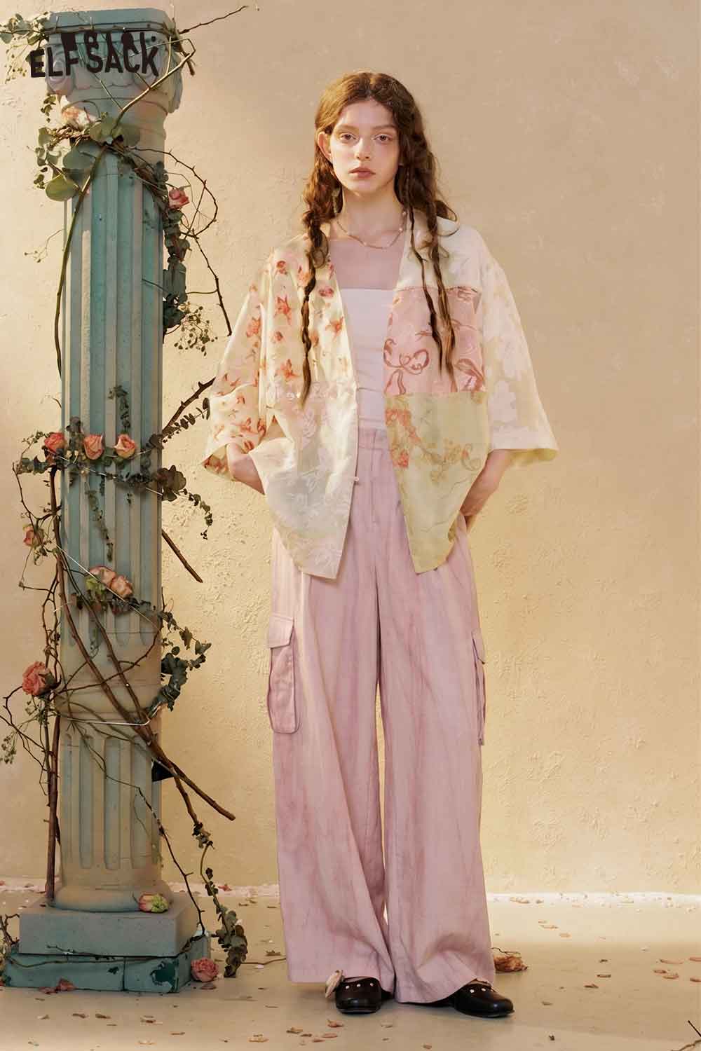 ELFSACK Patchwork Floral Kimono Blouse