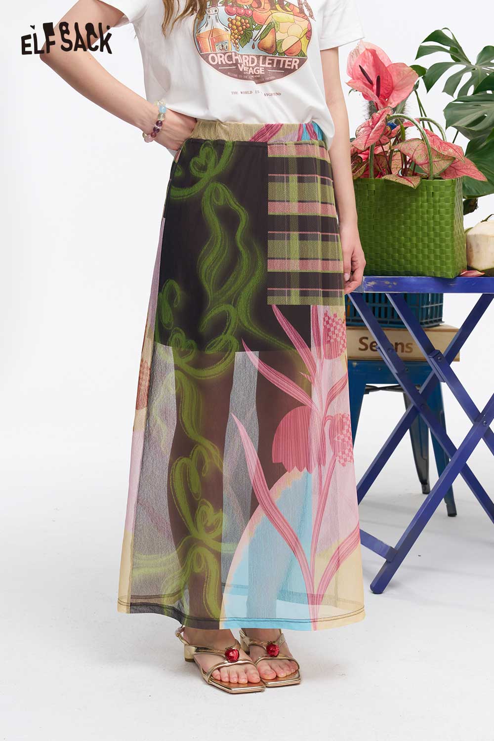 ELFSACK Patchwork Floral Plaid Midi Skirt