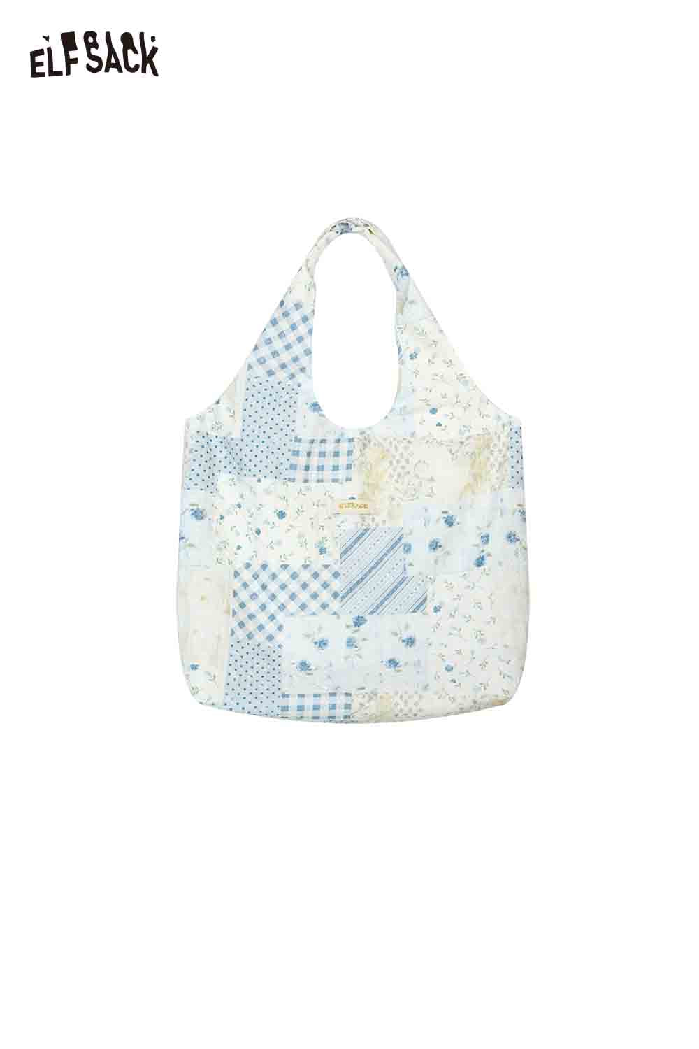 ELFSACK Patchwork Floral Plaid Quilted Tote Bag