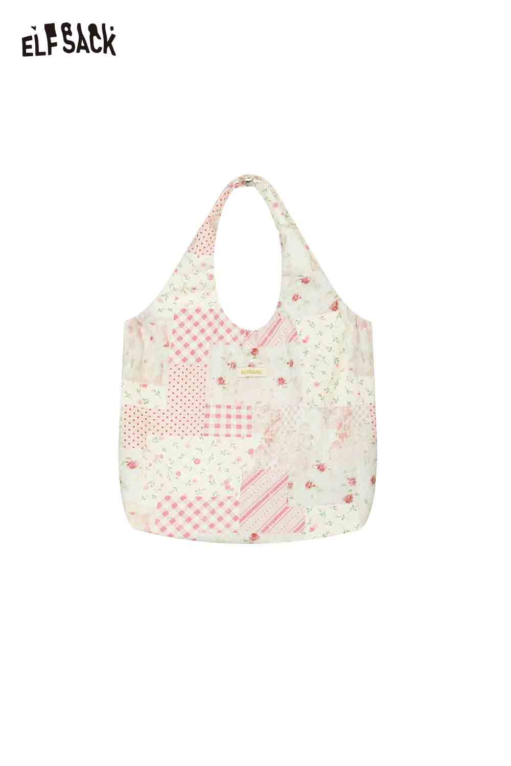 ELFSACK Patchwork Floral Plaid Quilted Tote Bag