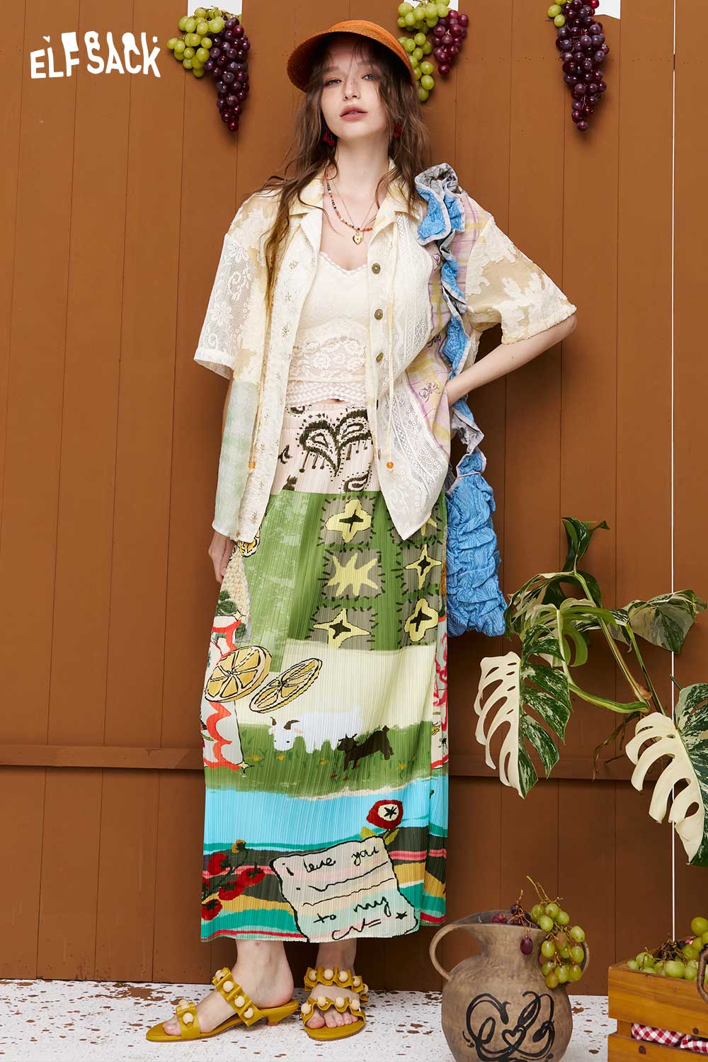 ELFSACK Patchwork Jacquard Lace Plaid Shirt