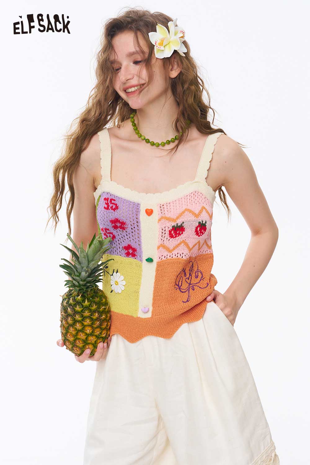 ELFSACK Patchwork Knit Lace Cropped Cami