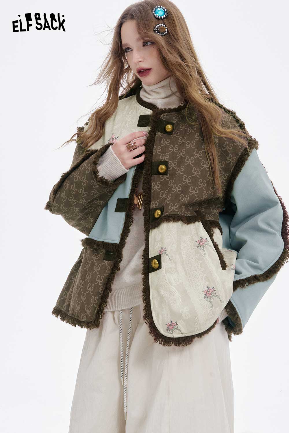 ELFSACK Retro Plush Trim Patchwork Jacket