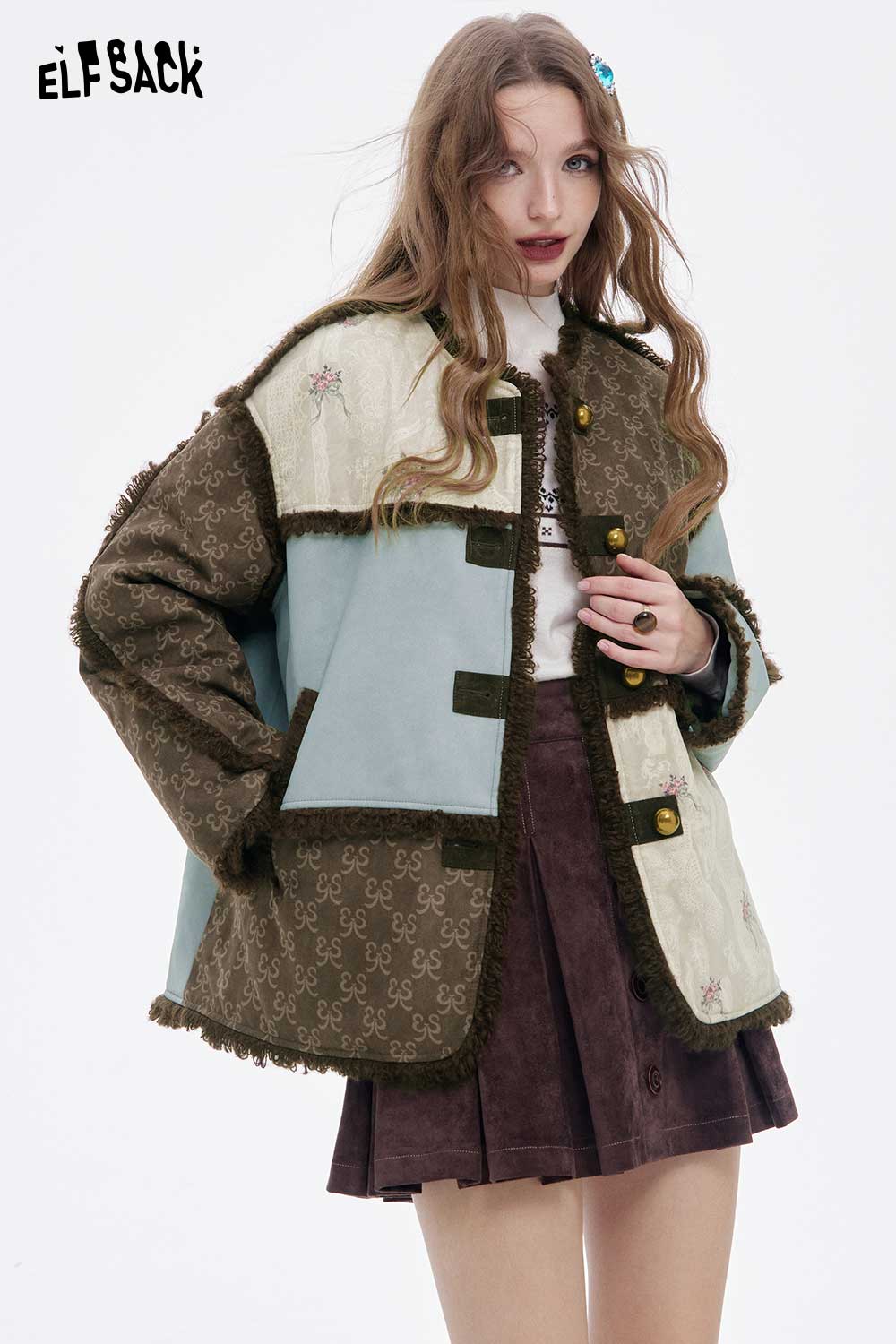 ELFSACK Retro Plush Trim Patchwork Jacket