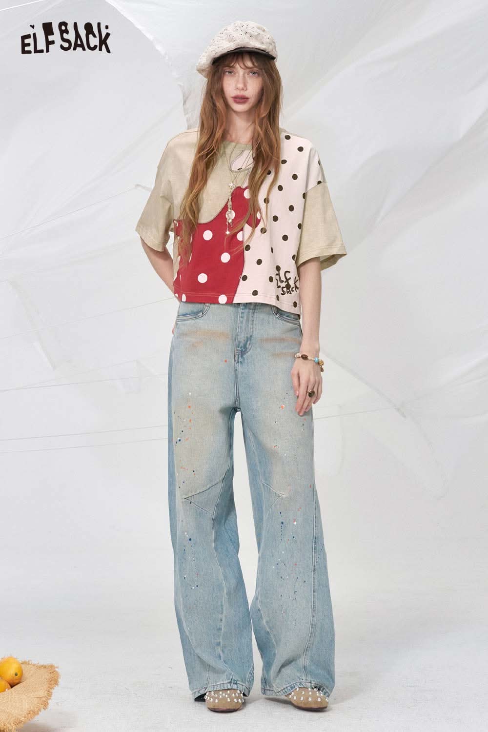 ELFSACK Patchwork Polka Dot Horse Print T-Shirt