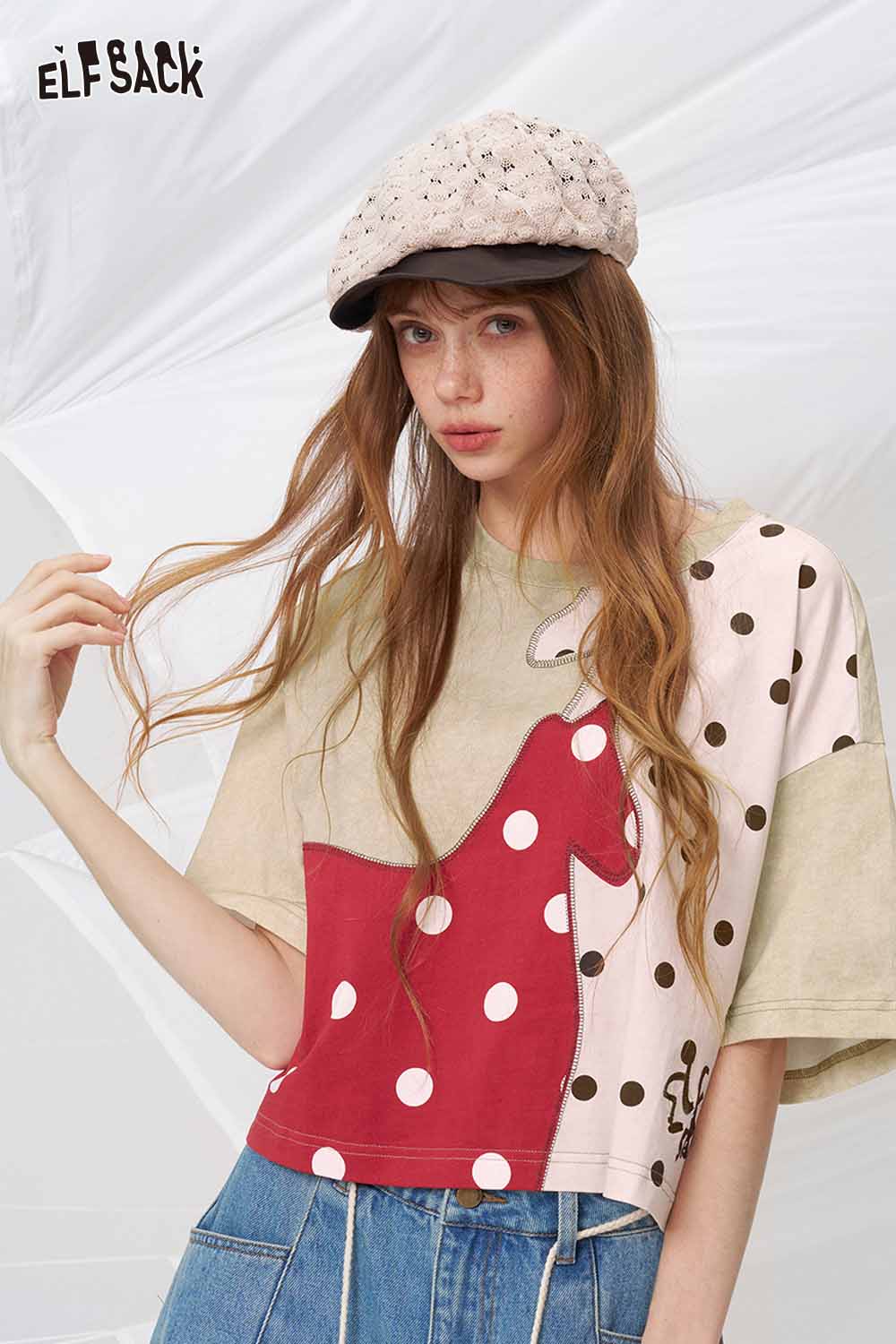 ELFSACK Patchwork Polka Dot Horse Print T-Shirt