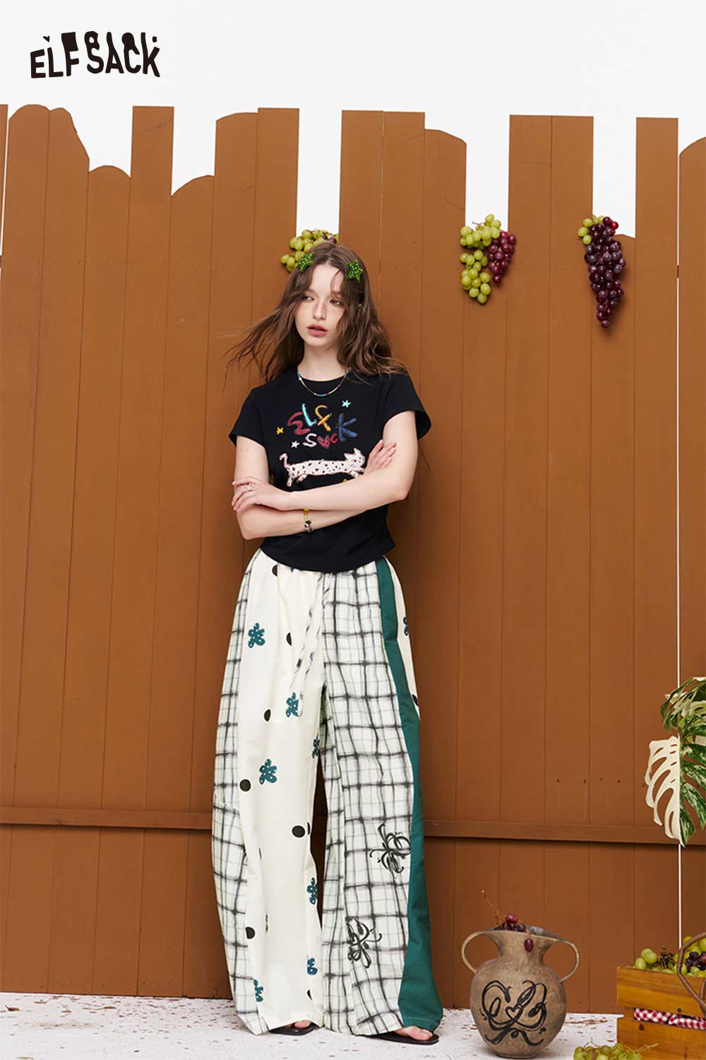 ELFSACK Patchwork Print Elastic Waist Wide Leg Pants