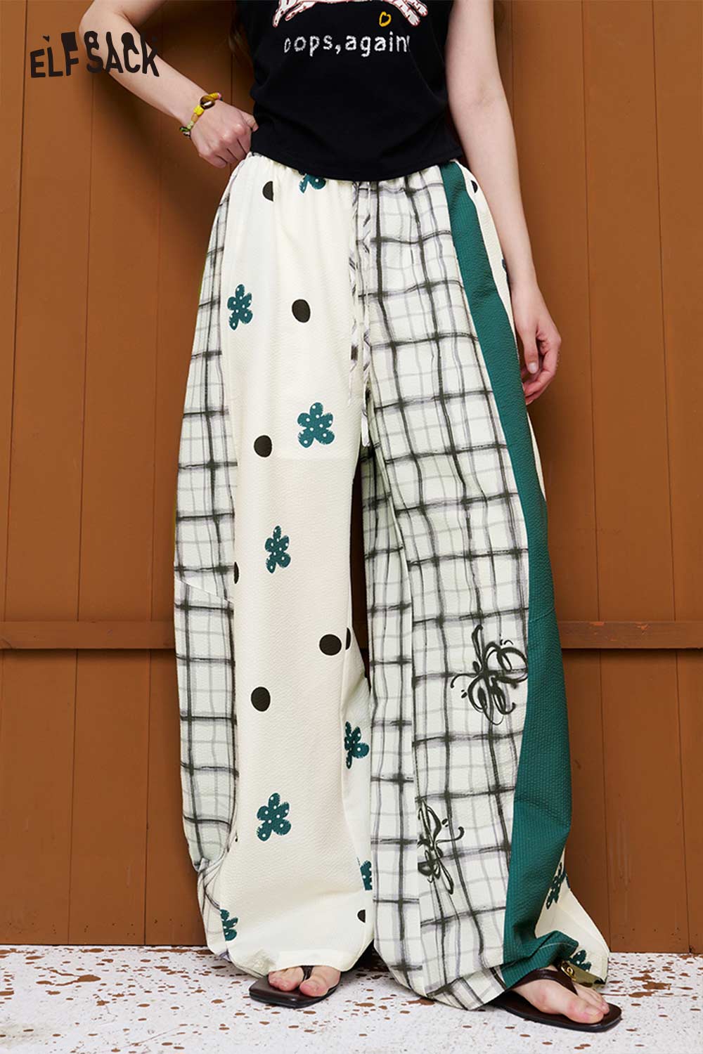 ELFSACK Patchwork Print Elastic Waist Wide Leg Pants