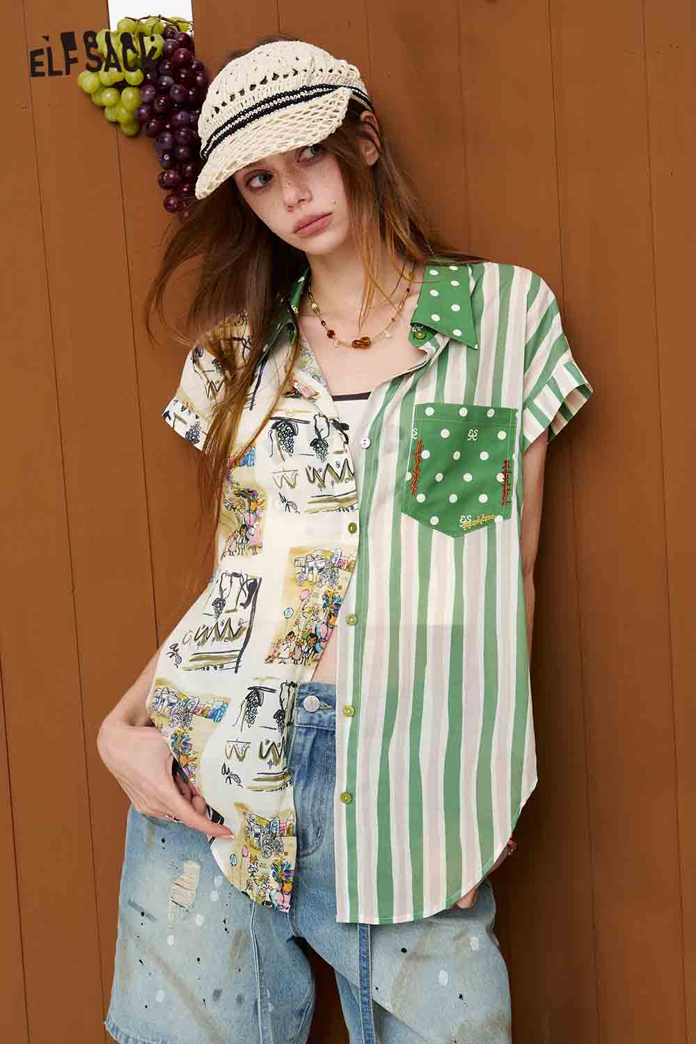 ELFSACK Patchwork Print Mixed Sleeveless Shirt