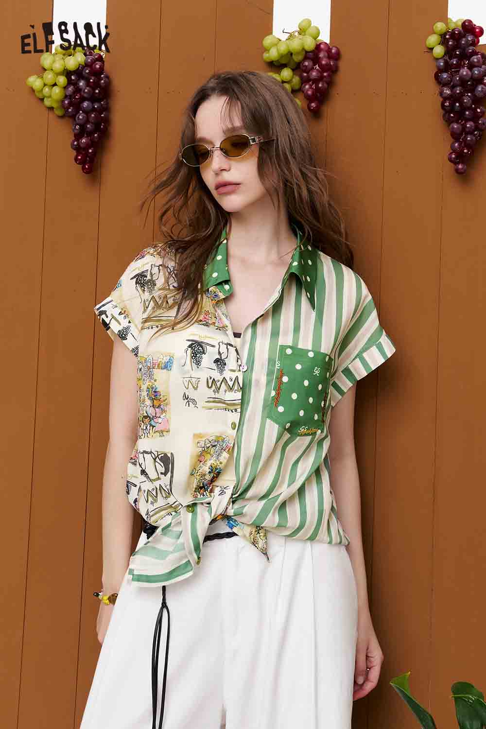 ELFSACK Patchwork Print Mixed Sleeveless Shirt