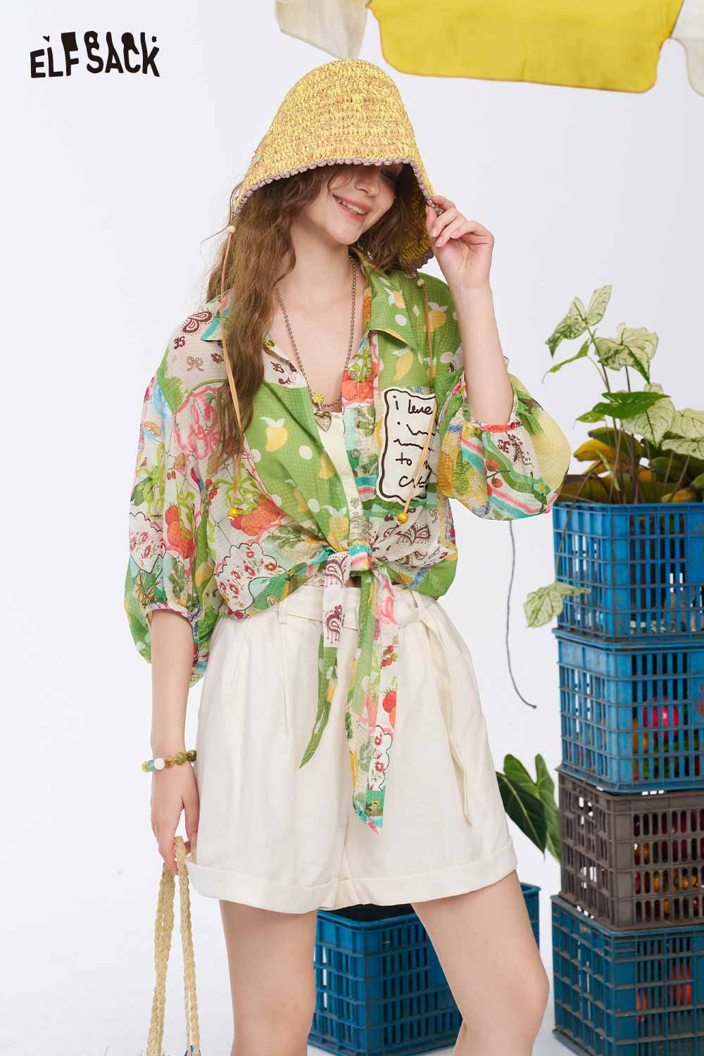 ELFSACK Patchwork Print Tie Hem Crop Blouse
