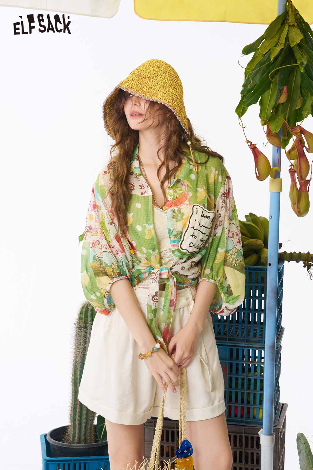 ELFSACK Patchwork Print Tie Hem Crop Blouse