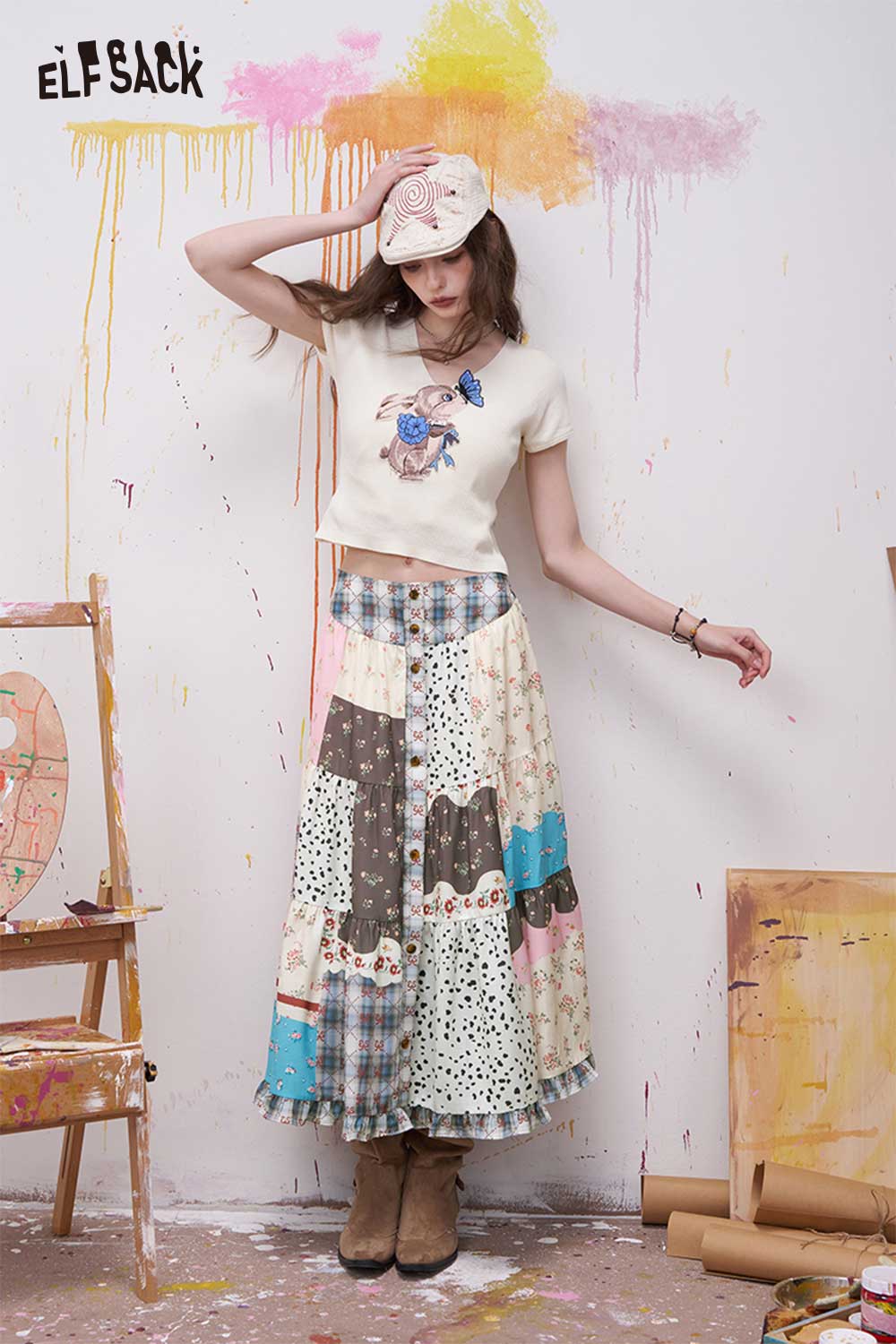 ELFSACK Patchwork Tiered Maxi Skirt with Buttons