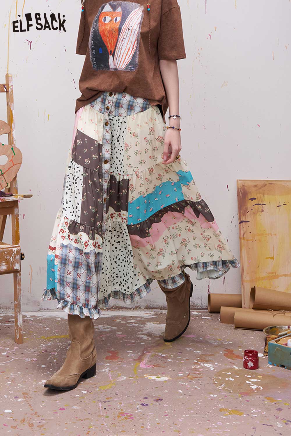 ELFSACK Patchwork Tiered Maxi Skirt with Buttons