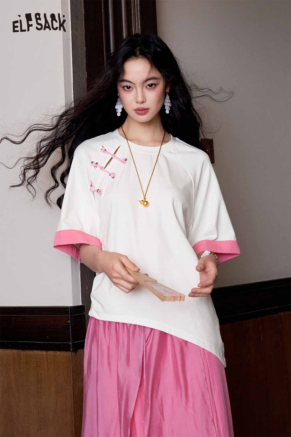 ELFSACK Pearl Button Asymmetrical Patchwork Tee