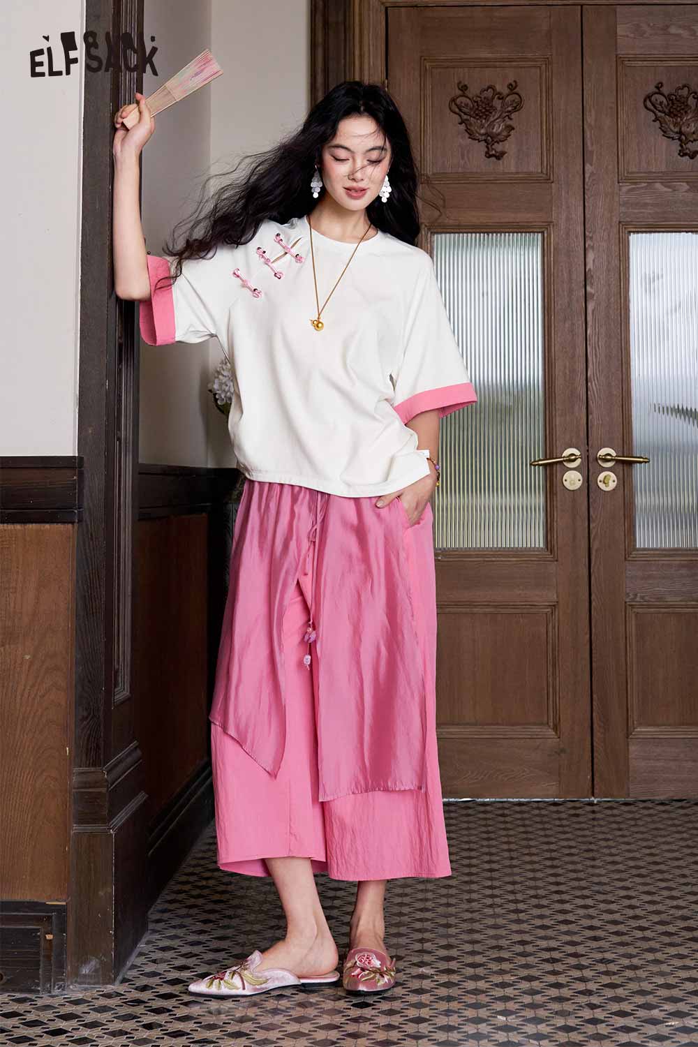 ELFSACK Pearl Button Asymmetrical Patchwork Tee