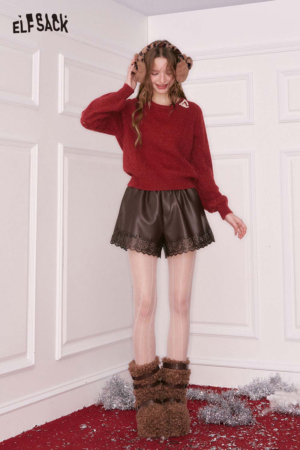 ELFSACK 3D Pearl Embellishment Shoulder Cutout Round Neck Cropped Sweater