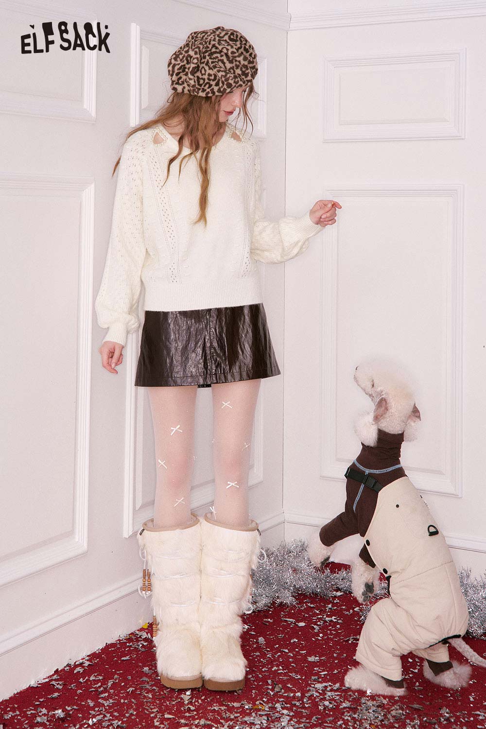 ELFSACK 3D Pearl Embellishment Shoulder Cutout Round Neck Cropped Sweater