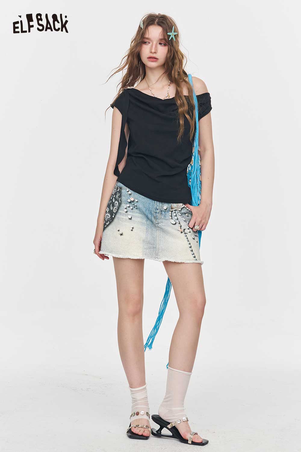 ELFSACK Pearl Star Print High Waist Denim Mini Skirt