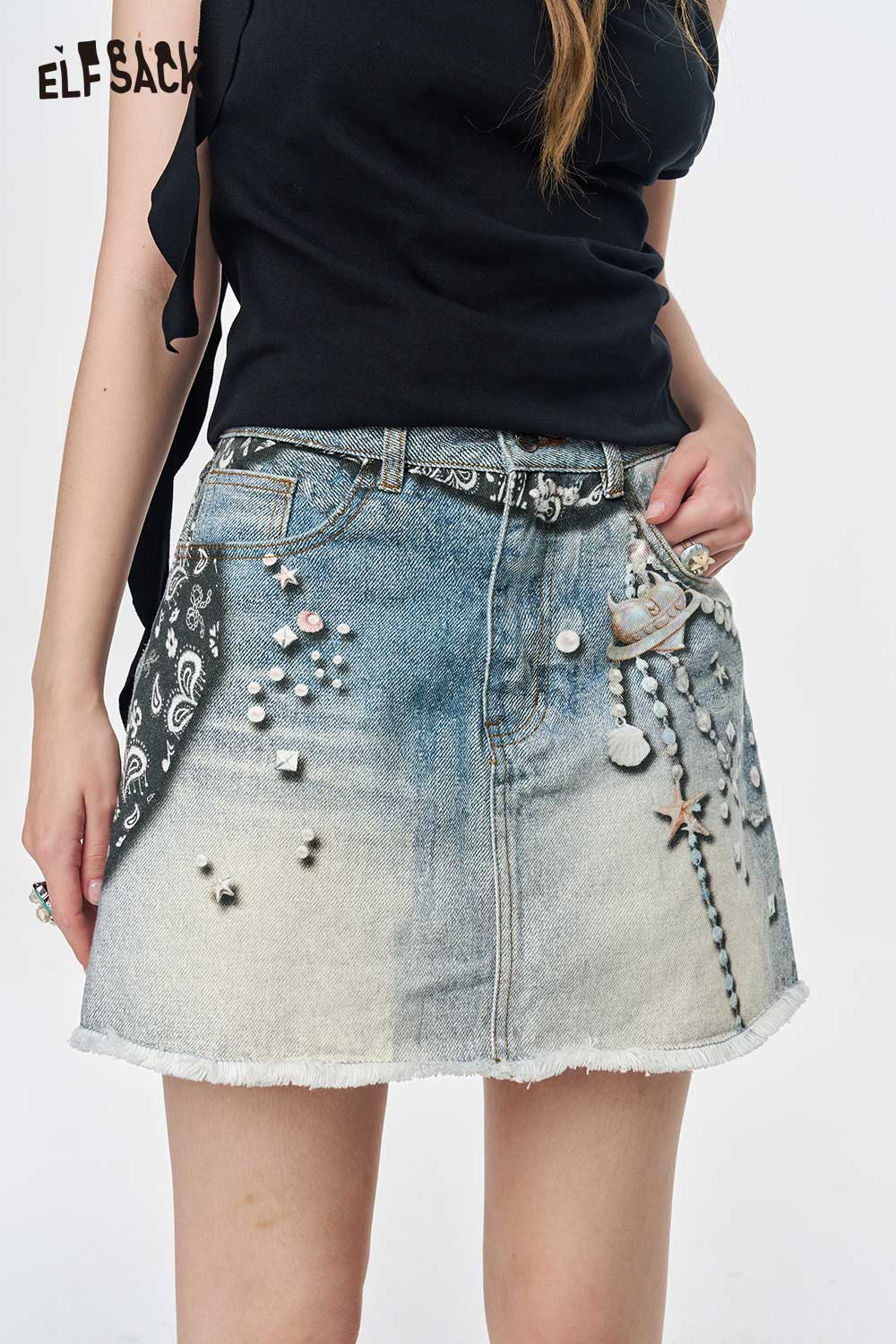 ELFSACK Pearl Star Print High Waist Denim Mini Skirt