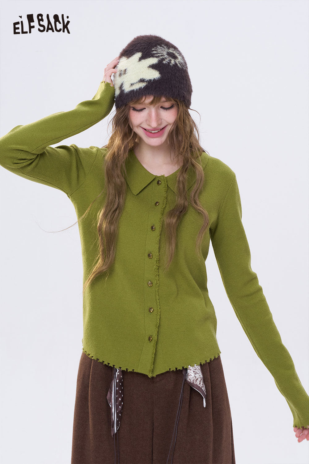 ELFSACK Solid Single Breasted Peter Pan Collar Knitwear