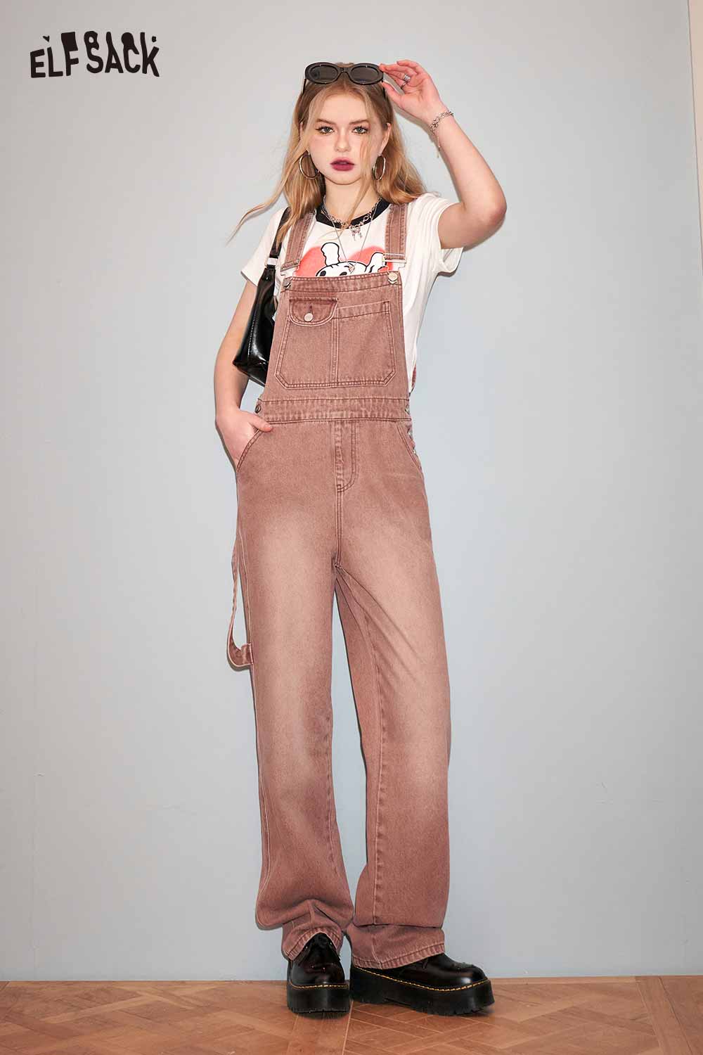 ELFSACK Petite Vintage Denim Overalls Wide Leg Pants