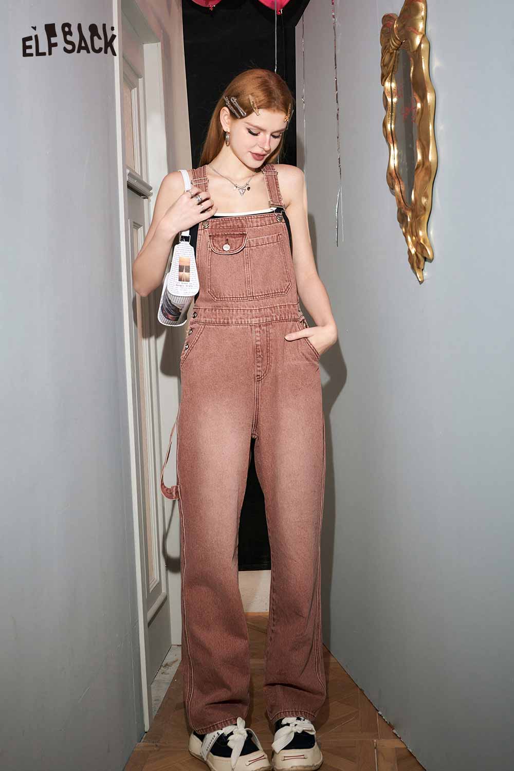 ELFSACK Petite Vintage Denim Overalls Wide Leg Pants