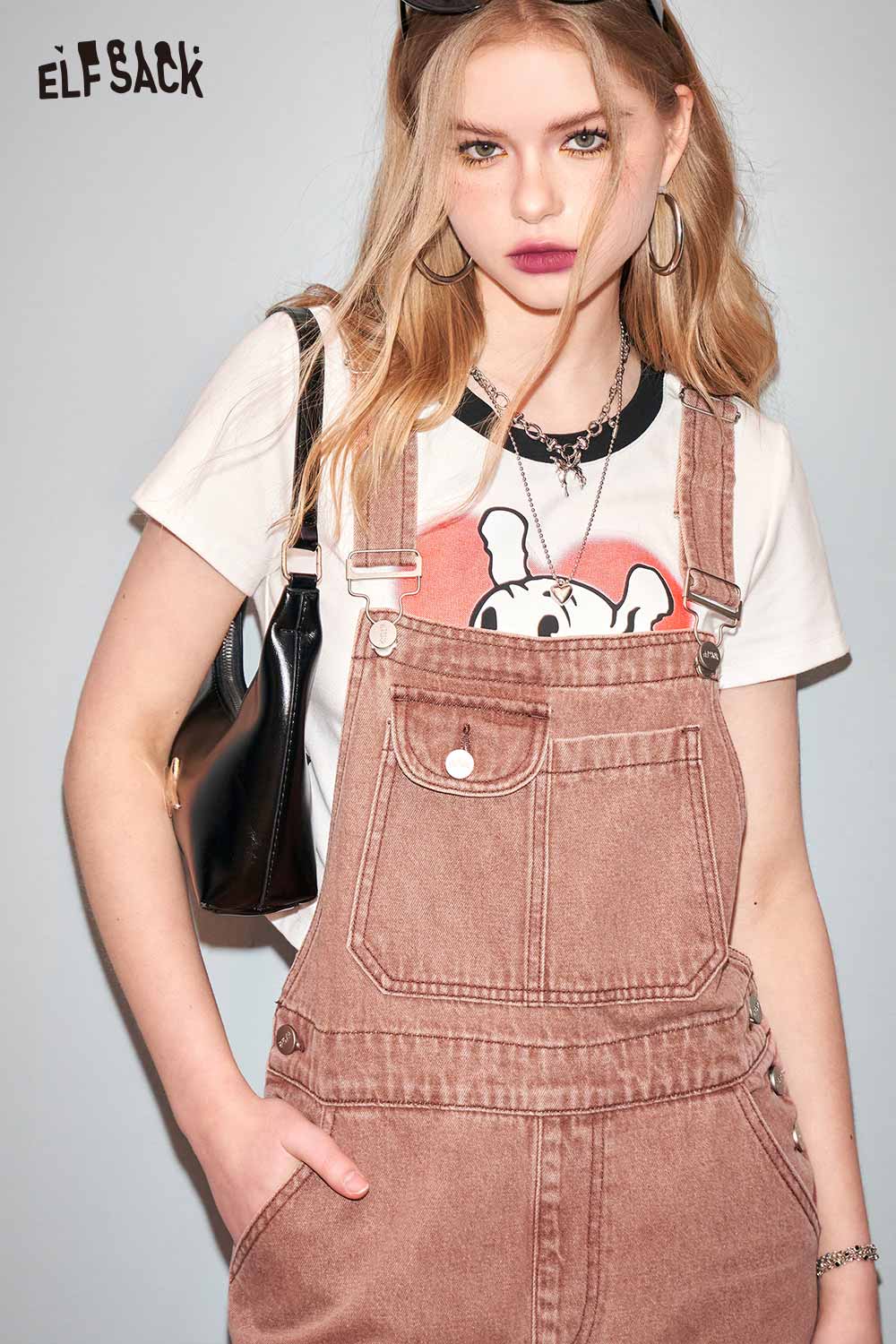 ELFSACK Petite Vintage Denim Overalls Wide Leg Pants