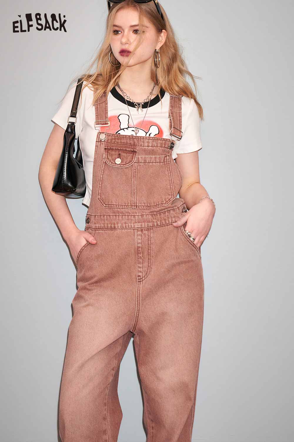 ELFSACK Petite Vintage Denim Overalls Wide Leg Pants
