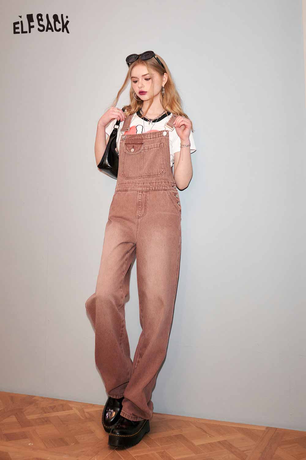 ELFSACK Petite Vintage Denim Overalls Wide Leg Pants